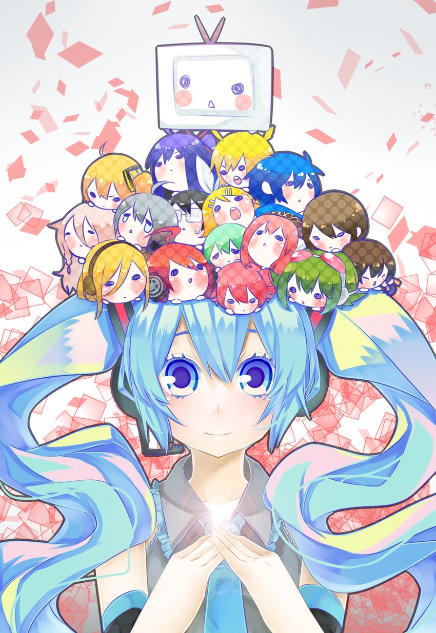 hatsune miku, kagamine rin, kagamine len, megurine luka, kasane teto, and 13 more (vocaloid and 2 more) drawn by pineapple_(a30930s)