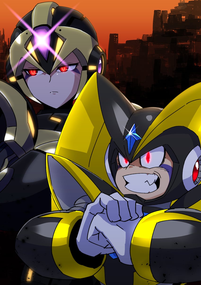 bass and x-kai (mega man and 2 more) drawn by hiyoko_ai