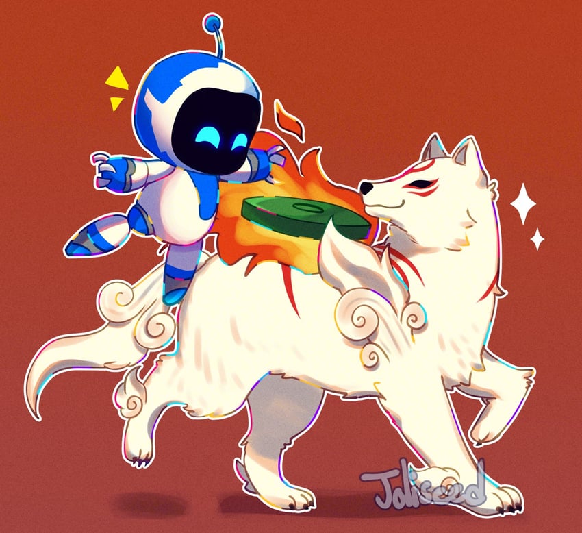 amaterasu and astro bot (ookami and 1 more) drawn by joliseed