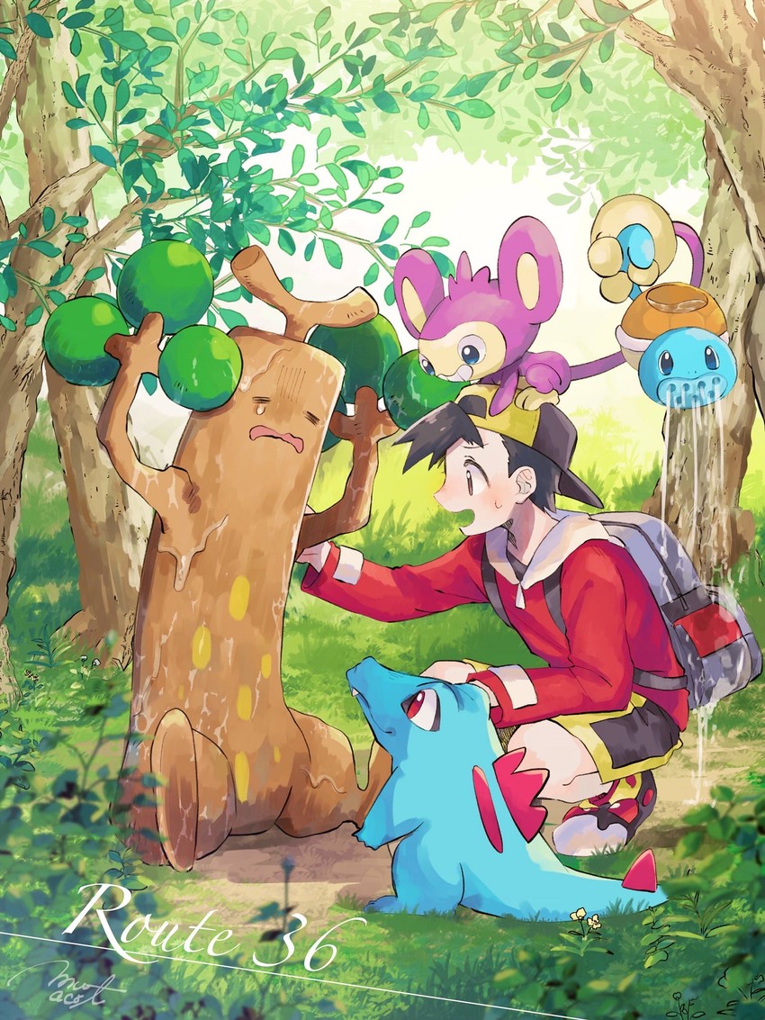 ethan, squirtle, totodile, and aipom (pokemon and 1 more) drawn by hanenbo