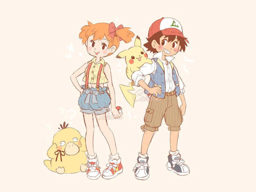pikachu, ash ketchum, misty, and psyduck (pokemon) drawn by samantha_whitten