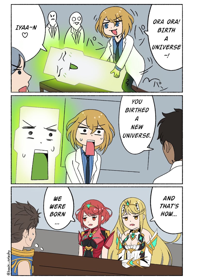 pyra, mythra, rex, and klaus (xenoblade chronicles and 1 more) drawn by bashi_splashy