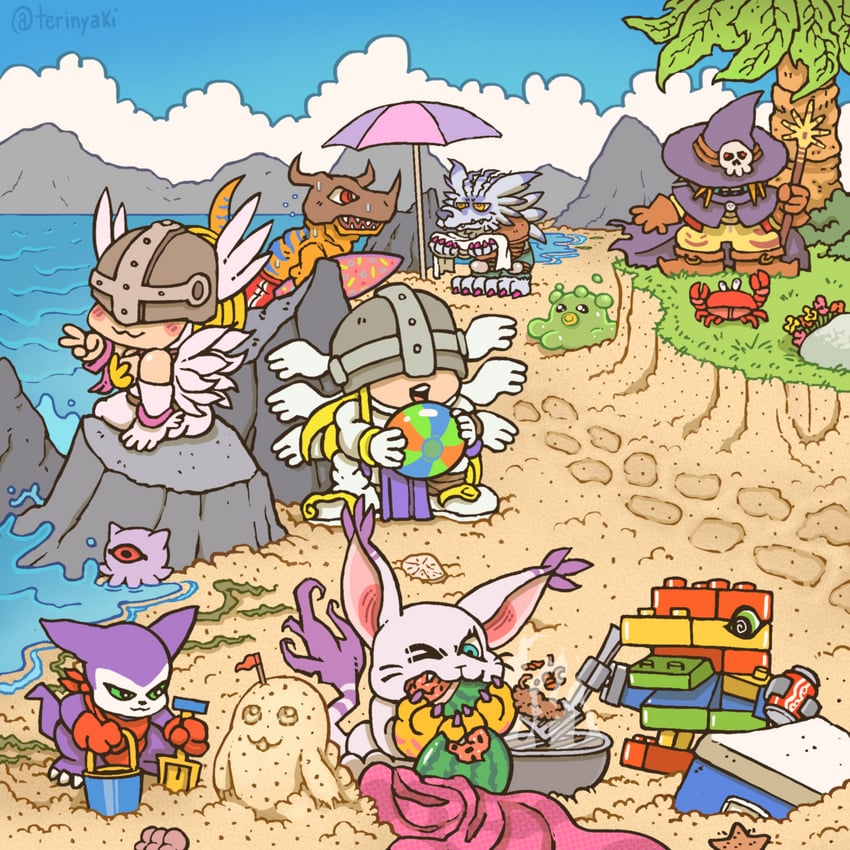 angewomon, tailmon, greymon, impmon, angemon, and 6 more (digimon) drawn by nyakiworld