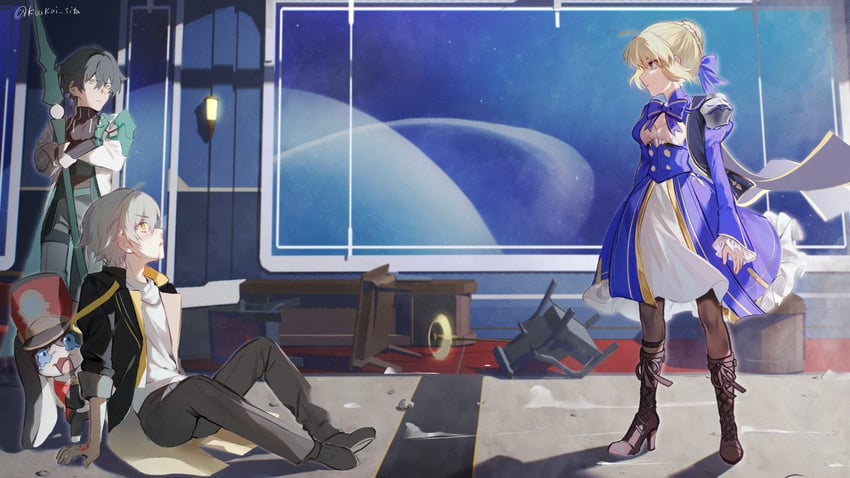 artoria pendragon, saber, trailblazer, caelus, dan heng, and 1 more (fate and 4 more) drawn by koukai_sita