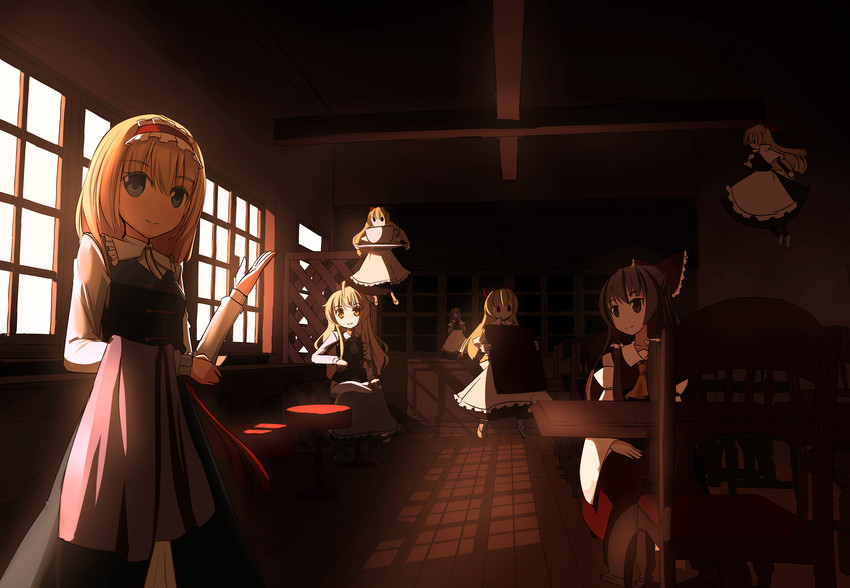 hakurei reimu, kirisame marisa, alice margatroid, and shanghai doll (touhou) drawn by clere