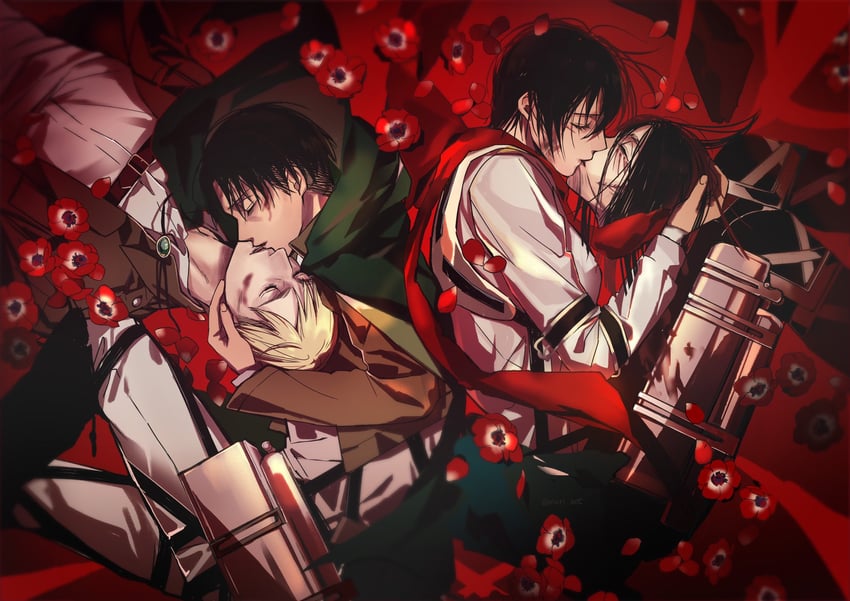 mikasa ackerman, eren yeager, levi, and erwin smith (shingeki no kyojin) drawn by neri_aot