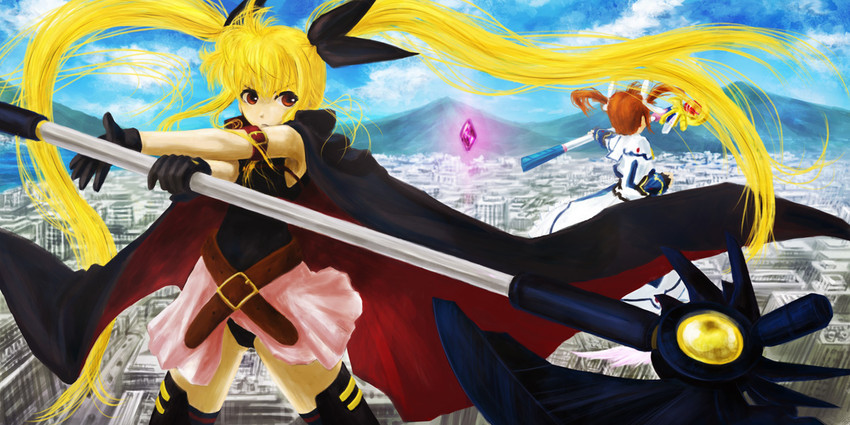 fate testarossa, takamachi nanoha, raising heart, and bardiche (lyrical nanoha and 2 more) drawn by mashiton