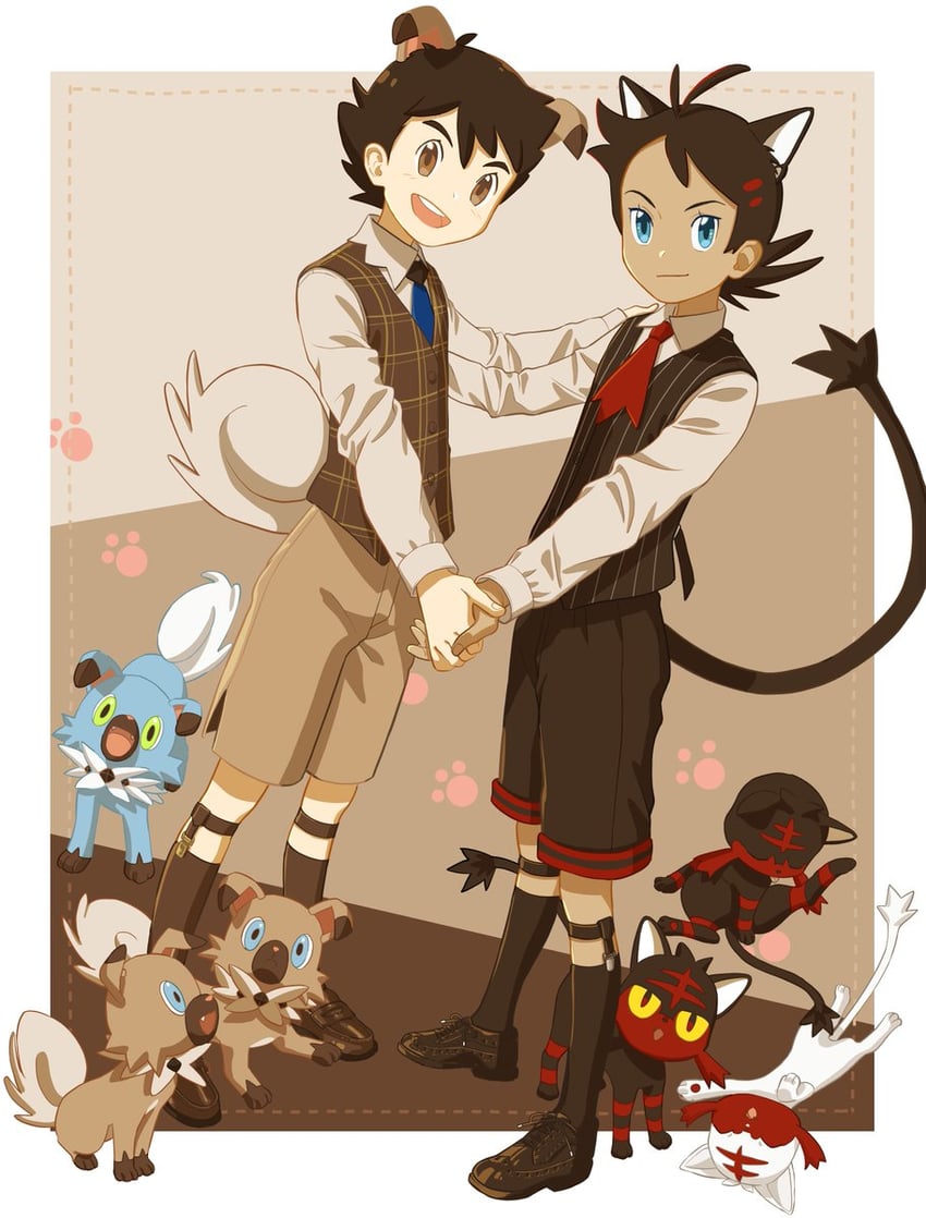 ash ketchum, goh, litten, and rockruff (pokemon and 1 more) drawn by minato_(mntnm)
