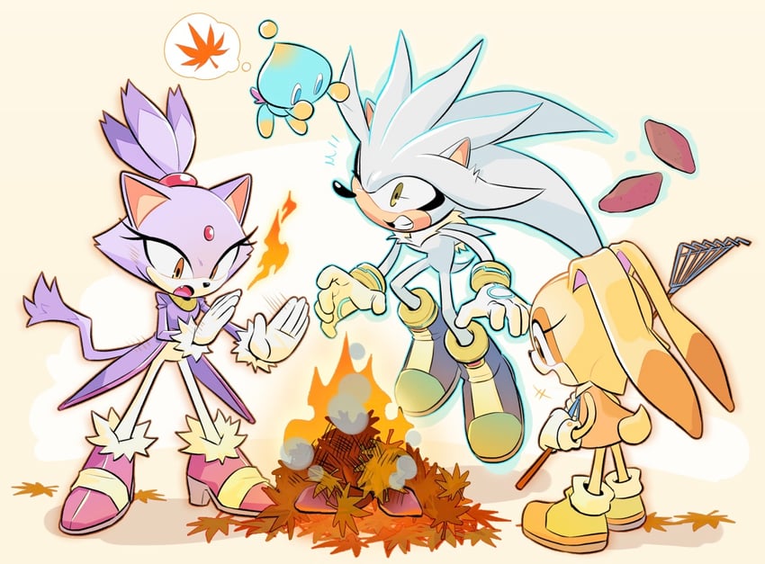 blaze the cat, cream the rabbit, silver the hedgehog, neutral chao, and cheese (sonic) drawn by miijiu