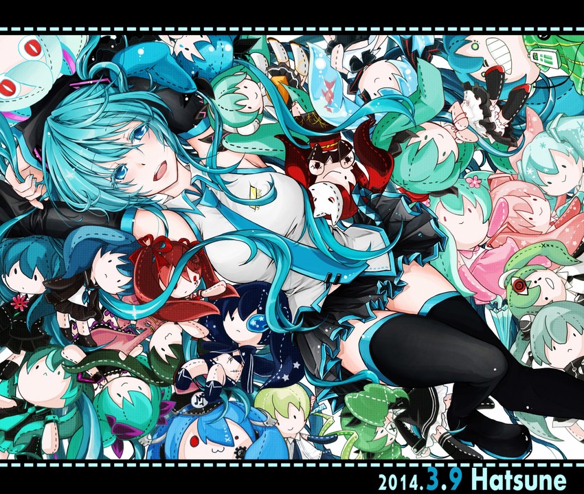 hatsune miku, yuki miku, sakura miku, bottle miku, and aimaina (vocaloid and 18 more) drawn by karakasa_garaku