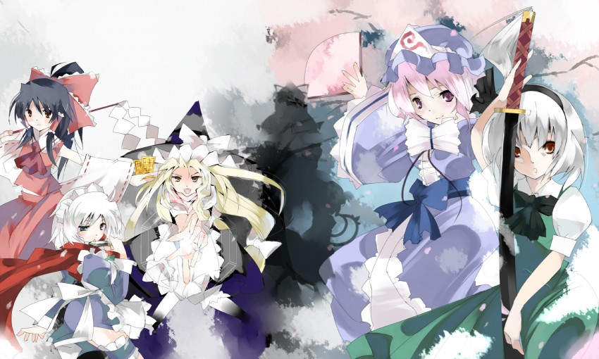 hakurei reimu, kirisame marisa, izayoi sakuya, konpaku youmu, yakumo yukari, and 3 more (touhou and 1 more) drawn by blaze_(blazeillust)