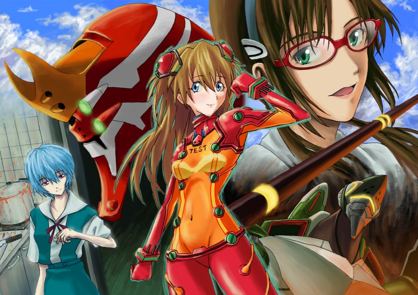 souryuu asuka langley, ayanami rei, makinami mari illustrious, eva 02, and eva 05 (neon genesis evangelion and 2 more) drawn by kaeru_(kaerism)