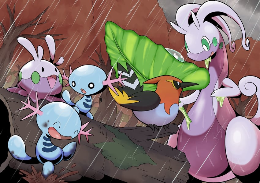 goomy, wooper, goodra, and fletchinder (pokemon) drawn by q-chan