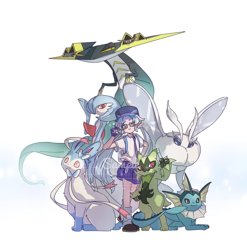 gardevoir, sylveon, vaporeon, dragapult, floragato, and 1 more (pokemon and 1 more) drawn by robinlovesop