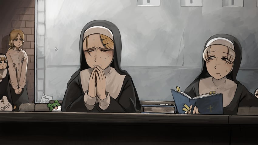 clumsy nun, froggy nun, strict nun, smug nun, and strict nun's mother (little nuns) drawn by diva_(hyxpk)