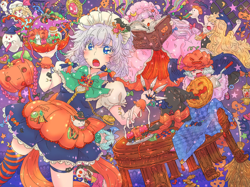 hakurei reimu, kirisame marisa, remilia scarlet, flandre scarlet, izayoi sakuya, and 3 more (touhou) drawn by aigoroo