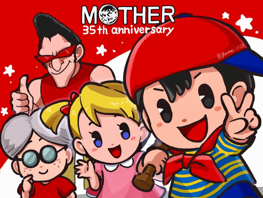 ninten, ana, lloyd, and teddy (mother and 1 more) drawn by suruga_kanade