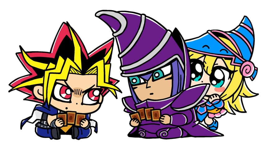 dark magician girl, yami yugi, and dark magician (yu-gi-oh! and 1 more) drawn by bkub