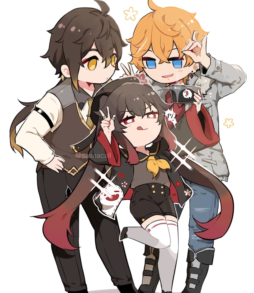 hu tao, zhongli, tartaglia, and boo tao (genshin impact) drawn by sashacall