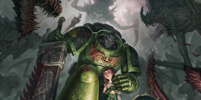 adeptus astartes and tyranid (warhammer 40k) drawn by hinchel_or