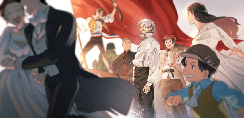 cosette, jean valjean, eponine, enjolras, grantaire, and 2 more (les miserables) drawn by t_k_g