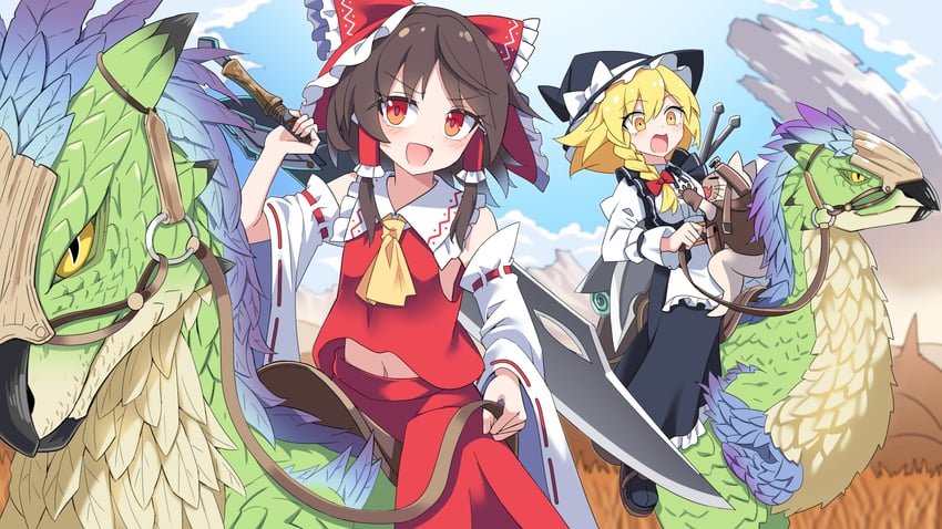 hakurei reimu, kirisame marisa, and seikret (touhou and 2 more) drawn by e.o.