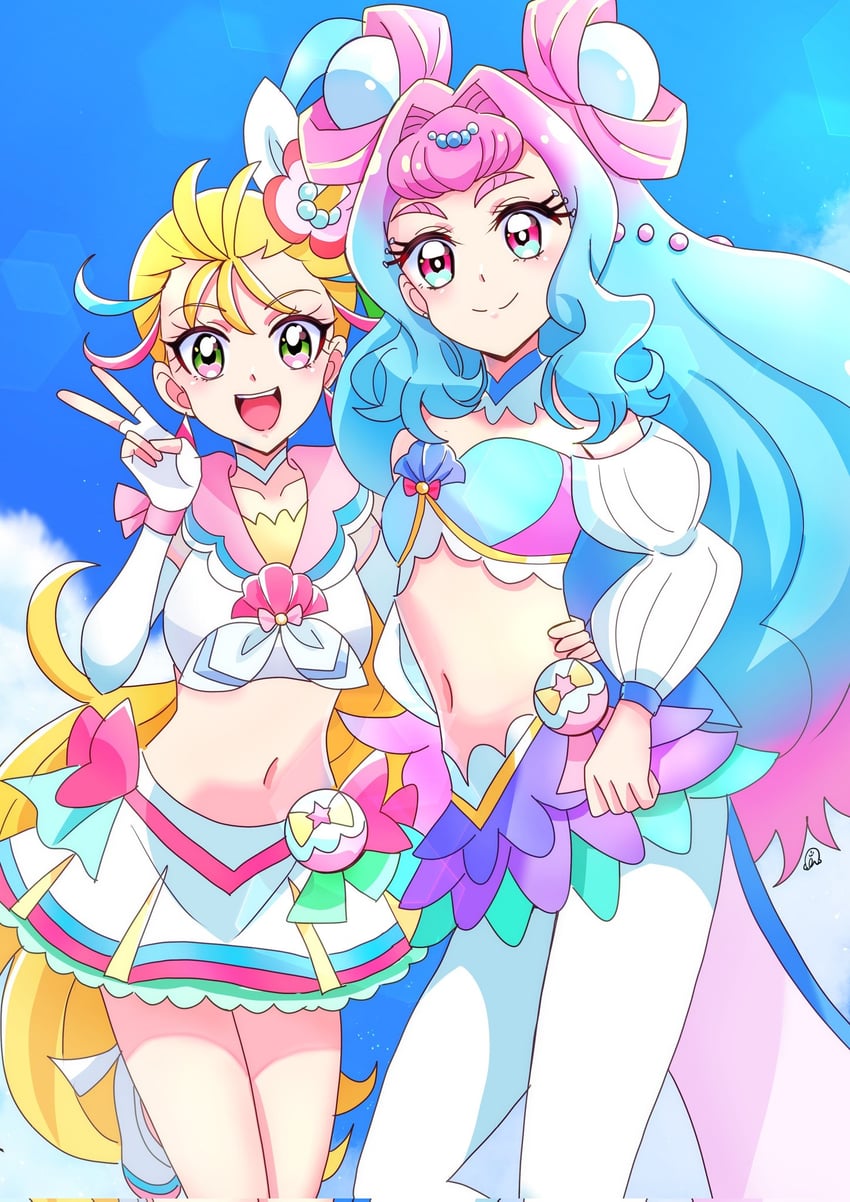 laura la mer, natsuumi manatsu, cure summer, and cure la mer (precure and 1 more) drawn by momotarouooi