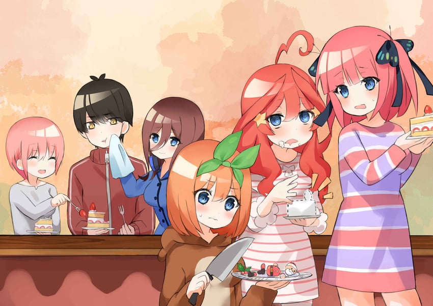 nakano nino, nakano miku, nakano yotsuba, nakano ichika, nakano itsuki, and 2 more (go-toubun no hanayome)