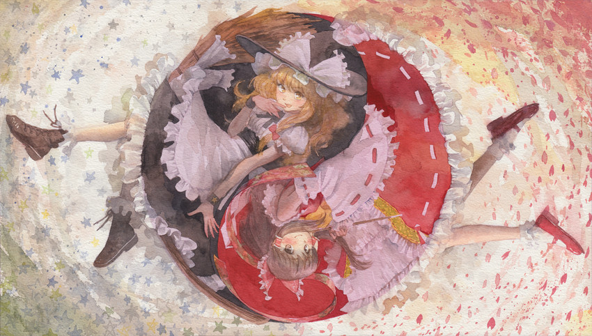 hakurei reimu and kirisame marisa (touhou) drawn by misawa_hiroshi