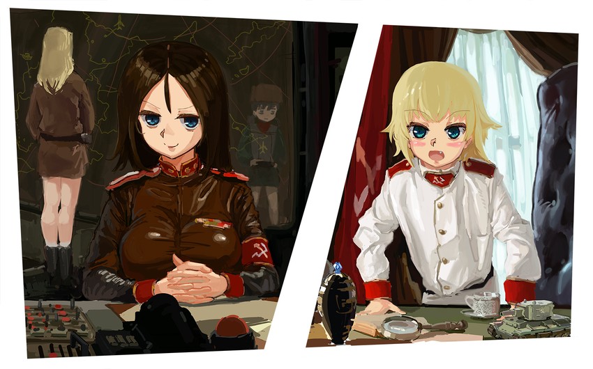 katyusha, nonna, clara, nina, alexander romanov, and 1 more (girls und panzer and 3 more) drawn by axdg