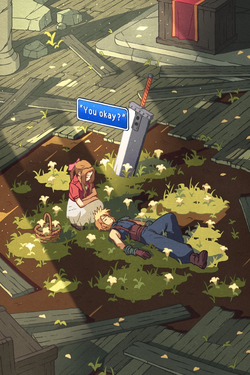 cloud strife and aerith gainsborough (final fantasy and 2 more) drawn by kevin_hong