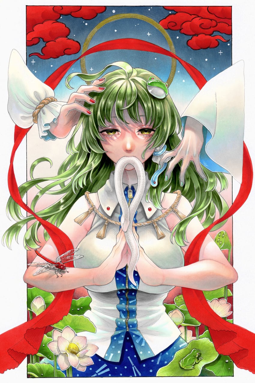 kochiya sanae, moriya suwako, yasaka kanako, and mishaguji (touhou) drawn by whoru