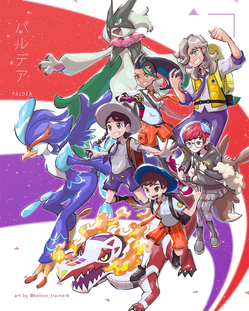 juliana, florian, nemona, meowscarada, arven, and 3 more (pokemon and 1 more) drawn by kelvin-trainerk