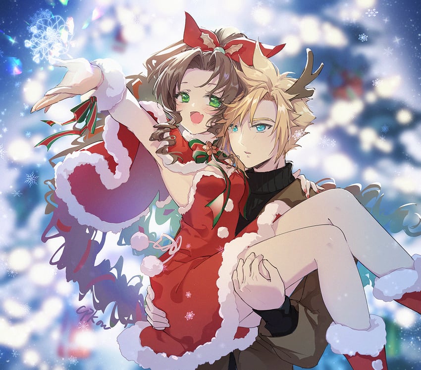 cloud strife and aerith gainsborough (final fantasy and 2 more) drawn by cat_princess