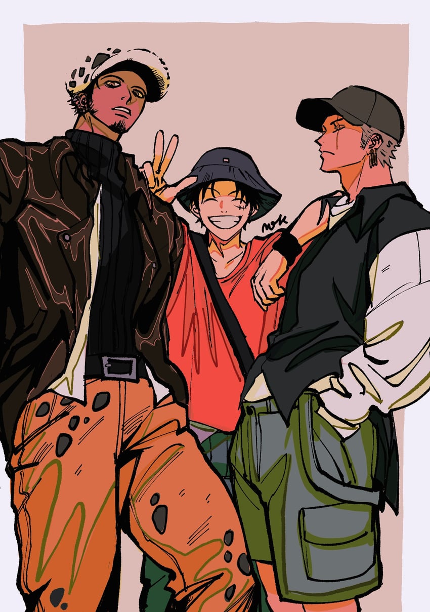 monkey d. luffy, roronoa zoro, and trafalgar law (one piece) drawn by nok_(nok_1)
