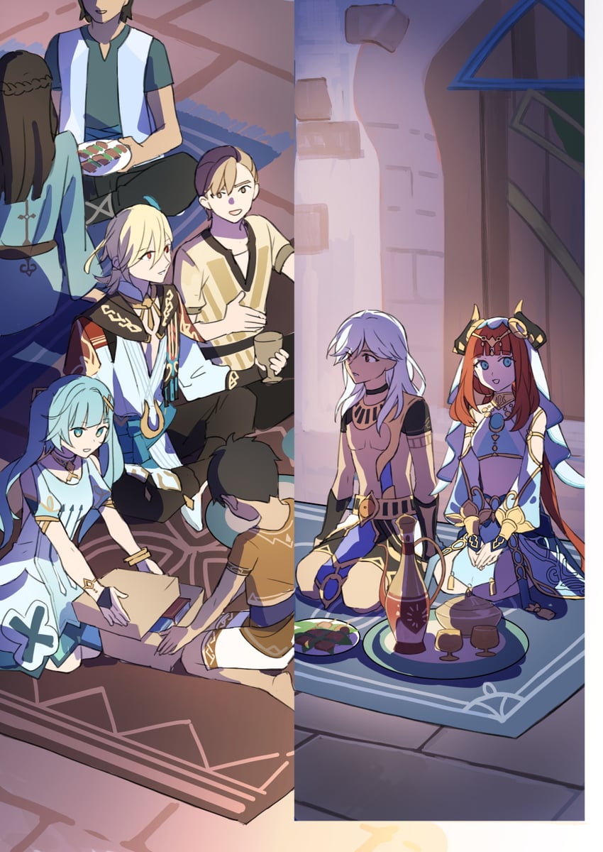 nilou, kaveh, cyno, and faruzan (genshin impact) drawn by kk_(kkgame7733)