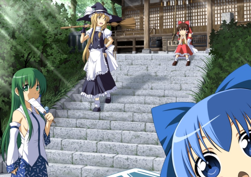 hakurei reimu, kirisame marisa, kochiya sanae, and cirno (touhou) drawn by nori_tamago