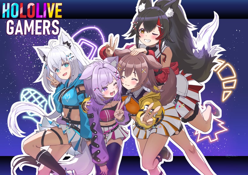 shirakami fubuki, nekomata okayu, ookami mio, and inugami korone (hololive) drawn by kyo_se