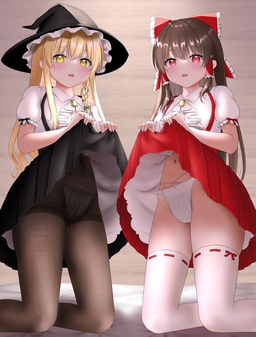 hakurei reimu and kirisame marisa (touhou) drawn by nyanyanoruru