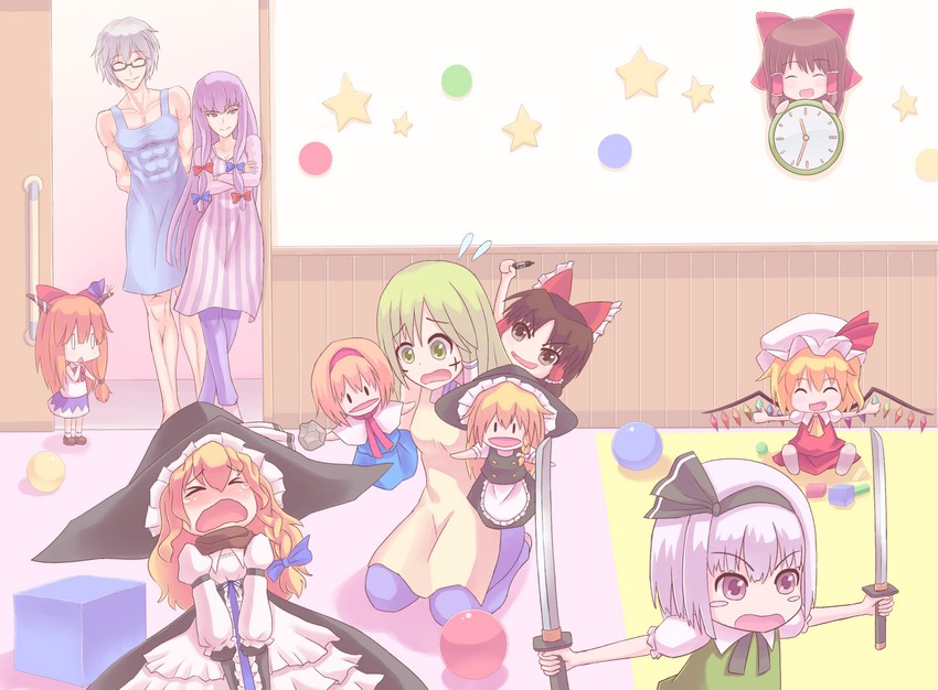hakurei reimu, kirisame marisa, flandre scarlet, kochiya sanae, konpaku youmu, and 15 more (touhou and 1 more) drawn by puhaa