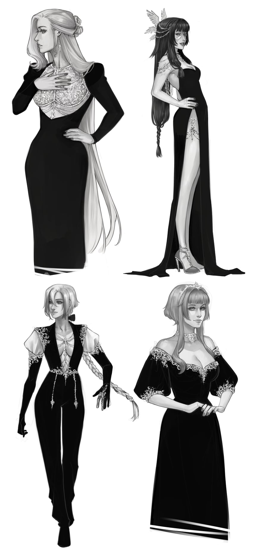 arlecchino, columbina, signora, and sandrone (genshin impact) drawn by annasassiart