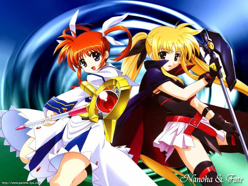 fate testarossa, takamachi nanoha, raising heart, and bardiche (lyrical nanoha and 1 more) drawn by okuda_yasuhiro