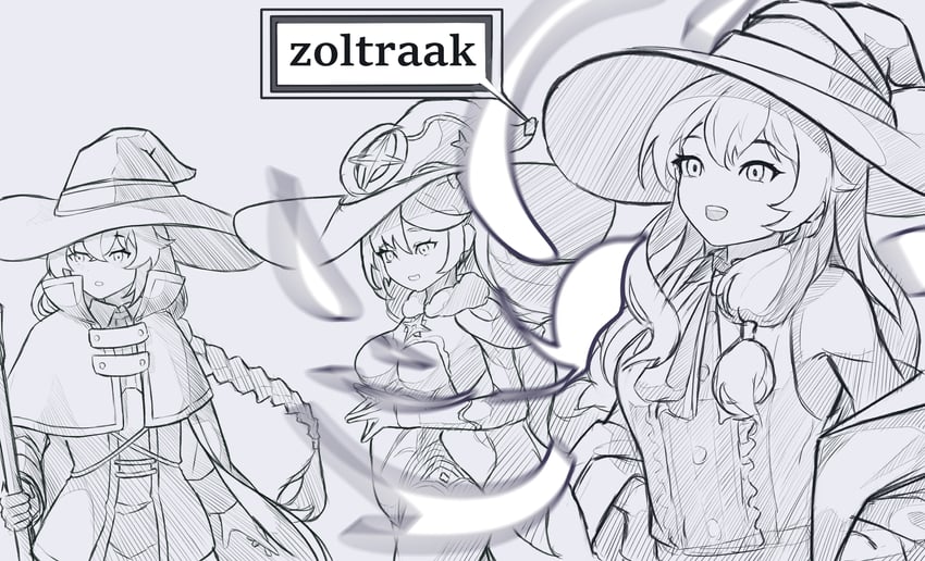 mona, roxy migurdia, and elaina (genshin impact and 2 more) drawn by egalo