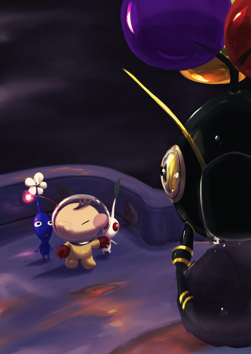 olimar, blue pikmin, white pikmin, and careening dirigibug (pikmin) drawn by usuba_(hatomugip)