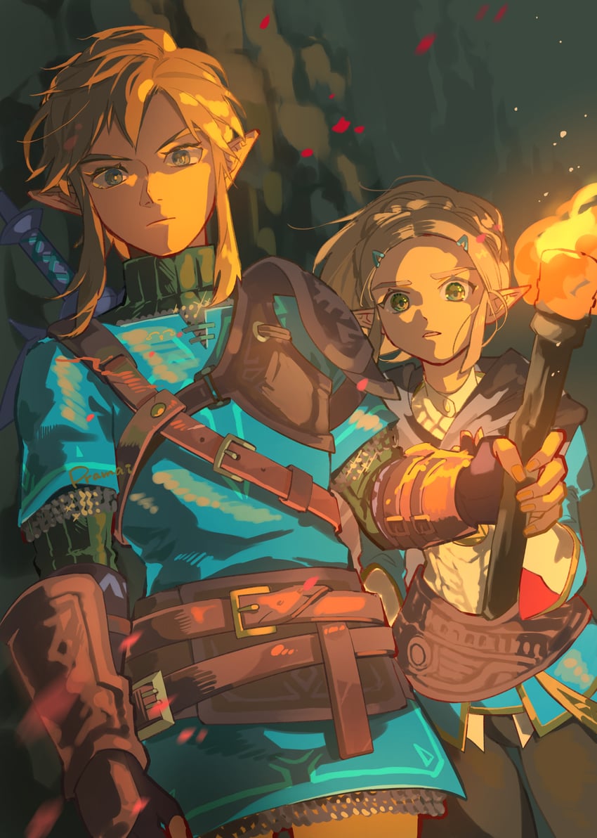 link and princess zelda (the legend of zelda and 1 more) drawn by pra_11