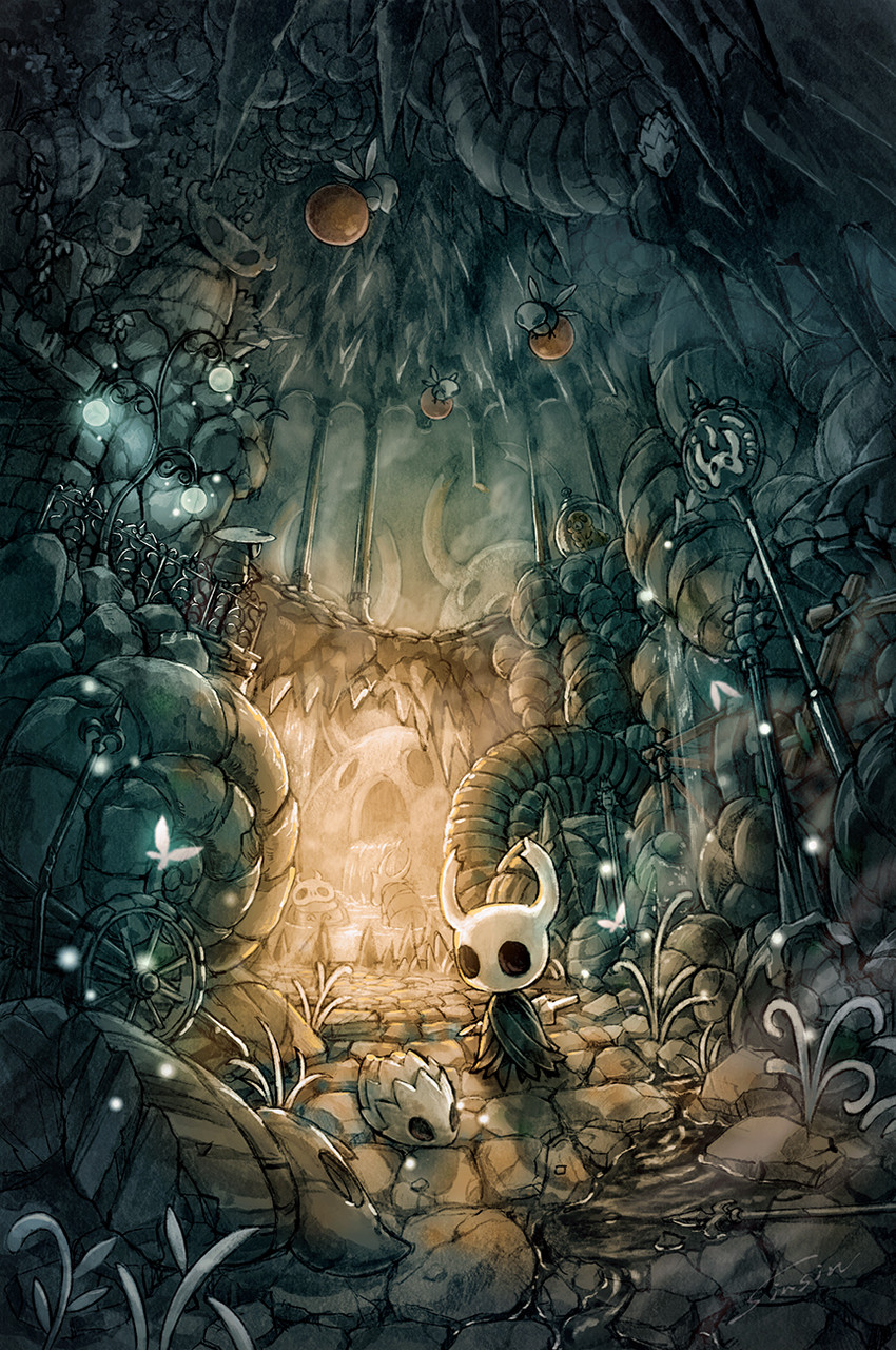 knight, quirrel, grub, tiktik, and aspid hunter (hollow knight) drawn by mamoru_mikokoro