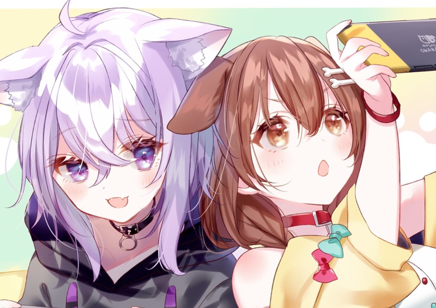 nekomata okayu and inugami korone (hololive) drawn by misumi_(macaroni)