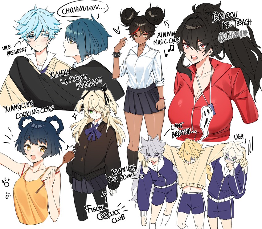 aether, fischl, beidou, xingqiu, chongyun, and 4 more (genshin impact) drawn by chenyaas
