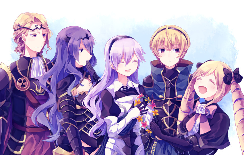 female corrin, camilla, elise, leo, and xander (fire emblem and 1 more) drawn by nyowaa417