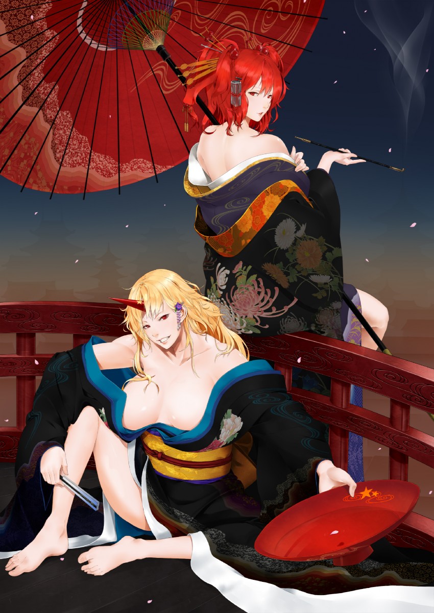 hoshiguma yuugi and onozuka komachi (touhou) drawn by kodama_(wa-ka-me)